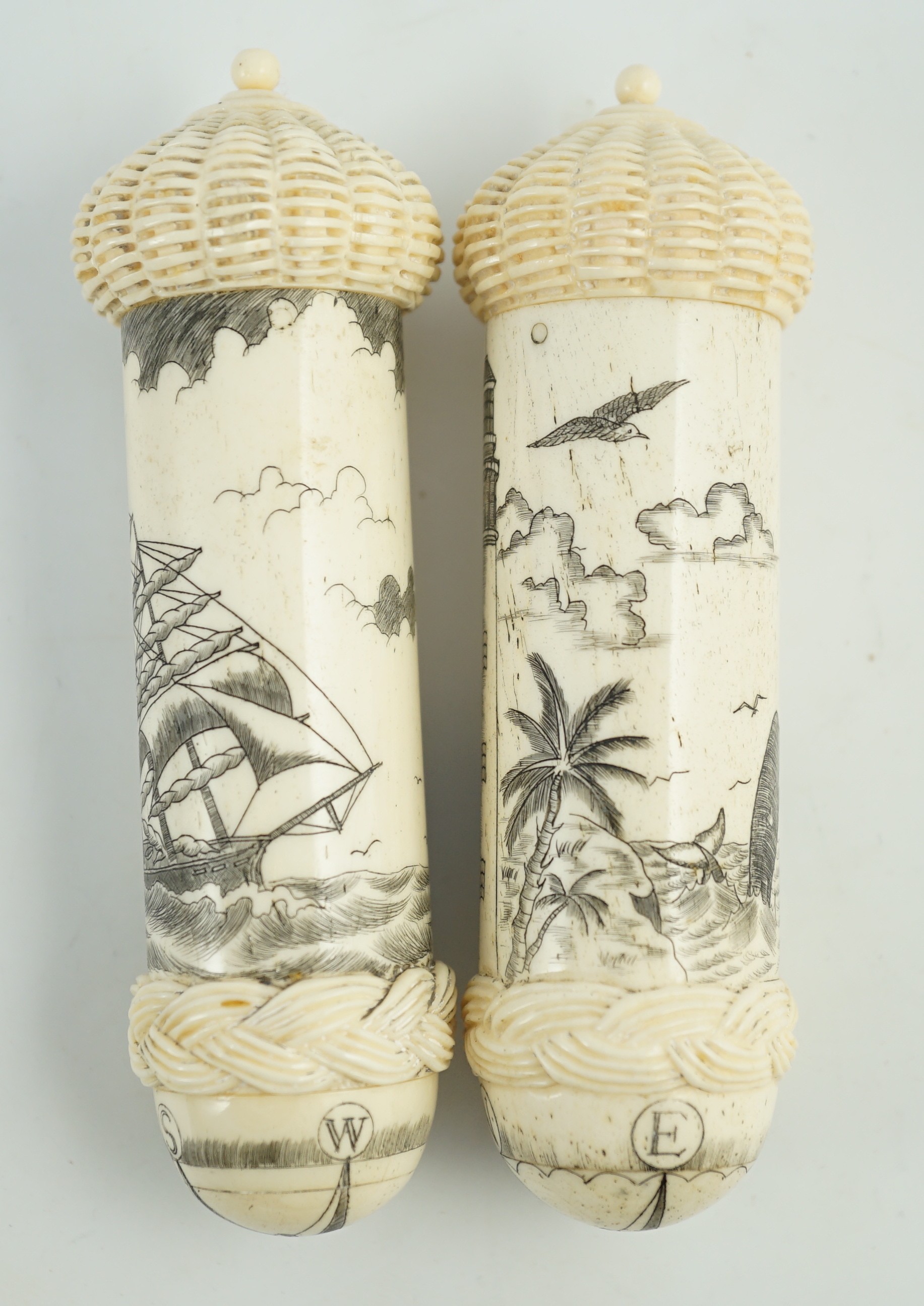 Two bone scrimshaw needle cases, 12cms high